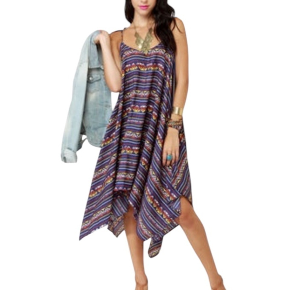 Volcom Blue/Red Peer Pressure Asymmetrical Handkerchief Hem Sundress Size Small